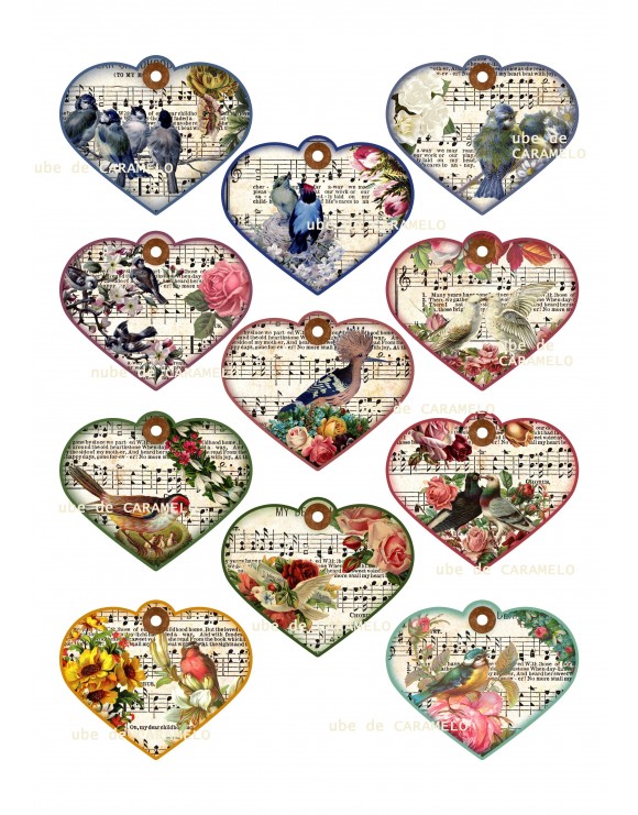 Papel corazones y pájaros