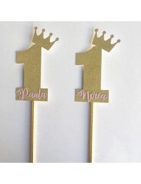 Topper número uno con corona personalizado pack de dos