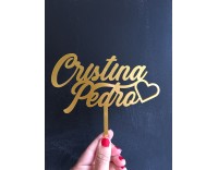 Topper metacrilato 2 líneas nombres y corazón 15 cm