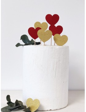 Topper set 12 corazones purpurina dorados y rojos